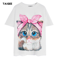 Taigee韩版新款创意卡通猫咪印花ulzzang宽松BF风大码短袖T恤女萌