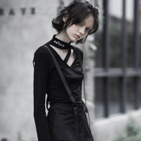 PUNKRAVE朋克修身设计感上衣V领女体恤长袖黑色针织个性t恤女潮