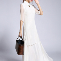 私府2018秋冬季新款白色真丝连衣裙原创设计轻奢女装中式禅意茶服