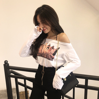 女2018新款韩版港味印花长袖T恤一字露肩宽松黑色上衣时尚秋装潮