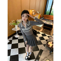 范智乔polo领条纹长袖针织衫女修身显瘦韩版设计感小众学院风上衣
