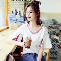 韩都衣舍2018韩版女装夏装新款V领拼接宽松显瘦短袖T恤EJ7159玎