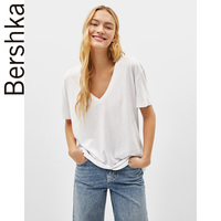 Bershka女士 2019新款简约白色宽松V领纯色短袖T恤衫 02169900250