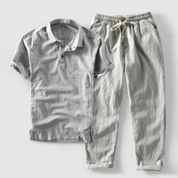 秋季男士套装亚麻裤休闲短袖衬衫日系水洗透气棉麻长裤两件组合装