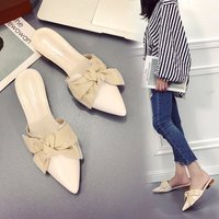 拖鞋女夏季2018新款韩版蝴蝶结包头半拖鞋中跟时尚尖头粗跟穆勒鞋