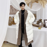 冬季韩国帅气过膝棉衣男宽松个性假两件加厚格子大衣外套潮牌棉服