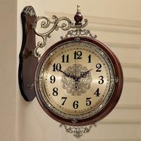 钟表挂钟客厅美式双面挂钟创意欧式金属静音实木艺术装饰钟表时尚
