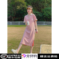日本代购冠军CHAMPION连衣裙女Polo领长裙T恤裙甜美粉色宽松夏款
