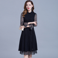 玫兰妮秋装女2018新款韩版时尚开叉中长款遮肚子假两件长袖连衣裙