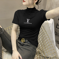 新款韩版半高领黑色紧身短袖T恤女纯棉百搭半袖印花气质上衣夏潮