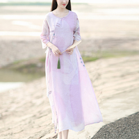 槿萱-山有色原创中国风女装茶人服宽松盘扣真丝亚麻连衣裙两件套