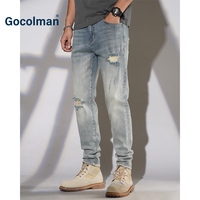 GoColman2022秋季新款牛仔裤男潮牌刺绣复古破洞修身小直筒长裤子