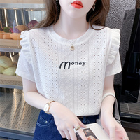 荷月边蕾丝短袖T恤女2023夏季新款宽松设计感刺绣半袖镂空上衣服