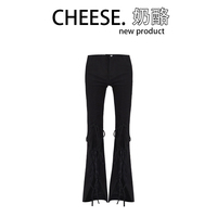 CHEESE奶酪黑色牛仔裤女夏季薄款设计感绑带高腰紧身微喇裤长裤子