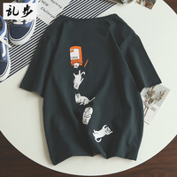 夏季韩版潮流创意猫咪印花短袖T恤 男日系小清新宽松港风体恤学生