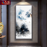 新中式山水风景竖版玄关装饰油画现代简约挂画走廊过道背景墙壁画