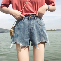 夏装女装韩版复古个性破洞毛边高腰牛仔裤阔腿裤宽松显瘦学生短裤