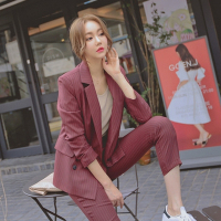 2018春夏新款韩版修身职业条纹小西装女休闲双排扣九分裤两件套装