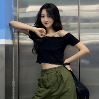 夏季新款韩版chic复古纯色一字领露肩短款上衣修身显瘦短袖T恤女