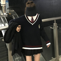 套装女装2018韩版两件套学院风V领毛衣+简约百搭衬衣配送条纹领带