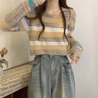早春季韩版短款毛衣2023年新款设计感彩虹条纹针织衫长袖上衣女装