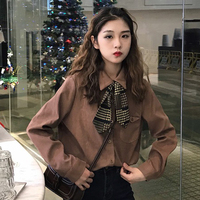 2018秋季学生韩版chic新款翻领丝带领结百搭打底衬衫上衣显瘦女装
