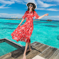 波西米亚中袖连衣裙女夏2018新款显瘦碎花长裙巴厘岛度假沙滩裙仙