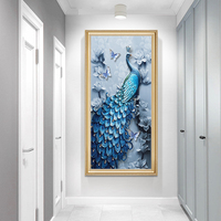 玄关装饰画孔雀壁画美式油画客厅欧式走廊挂画竖版现代简约过道画