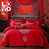 LOVO家纺六件套件大提花大红婚庆结婚床单婚庆床上用品