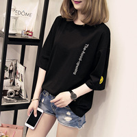 短袖t恤女韩版夏季黑色中袖上衣女士长款宽松七分袖纯棉大码女装