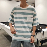 条纹短袖五分袖男t恤韩版夏季2019新款ins潮牌宽松上衣服个性潮流