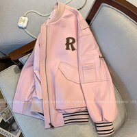 粉色棒球服外套女2022秋季新款学院风设计感宽松韩版皮夹克机车服