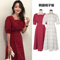 2018夏季韩版新款中长款复古收腰系带棉麻红色格子连衣裙女装显瘦