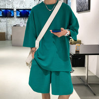 华夫格短袖t恤男夏季休闲运动套装ins潮流宽松衣服潮男搭配两件套