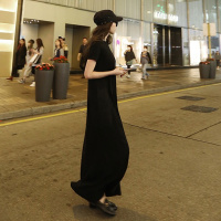 韩版新款黑色短袖长裙2018款女装韩版宽松口袋A字连衣裙大码显瘦