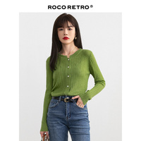 ROCO复古竖条纹羊绒混纺针织衫开衫女薄款2023春秋新款小毛衣外套