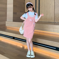 女童背带裙套装夏季2022洋气短袖连衣裙儿童装韩版夏装中大童裙子
