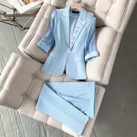 蓝色西装外套女夏薄款时尚气质钉珠镶边七分袖小个子职业西服套装
