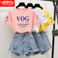 时尚套装女夏季韩版少女短袖字母印花t桖显瘦高腰牛仔短裤两件套