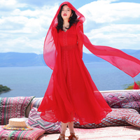 红色雪纺连衣裙夏2022新款高端三亚沙滩裙女海边拍照飘逸超仙长裙