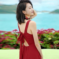 巴厘岛沙滩裙女夏超仙海边度假显瘦性感露背红色吊带连衣裙长裙子
