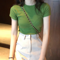 牛油果绿短袖t恤女2019夏季新款纯色韩版修身纯棉抹茶绿紧身上衣