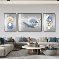 轻奢壁画客厅挂画沙发背景墙装饰画现代简约蓝色羽毛大气三联墙画
