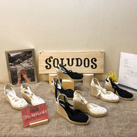 SOLUDOS专柜正品渔夫绑带坡跟蕾丝草编麻底高跟女凉鞋夏-美国代购