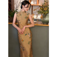 野山茶 旧画卷改良旗袍连衣裙年轻款 古风修身中长款中国风古典裙
