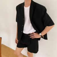 代购夏季复古短袖简约纯色西装套装 韩版短裤短袖上衣2件套男休闲