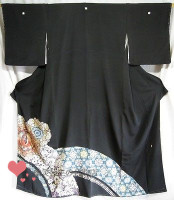 代购日本留袖传统和服服饰 复古黑色长袍 丝绸正装女士鸟