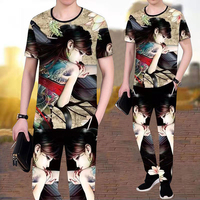 3D印花休闲套装男士短袖长裤中国风男装青年T恤美女图案潮酷