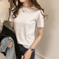 夏季新款韩版2019圆领套头纯色t恤女短袖修身显瘦纯棉上衣打底衫