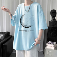 奶蓝色美式复古华夫格t恤男短袖夏季潮牌设计感小众月球印花半袖